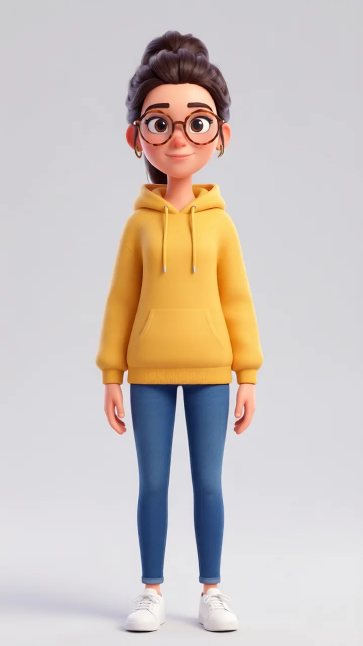 Jade: a young cartoon woman with a high ponytail, round glasses and a mustard hoodie