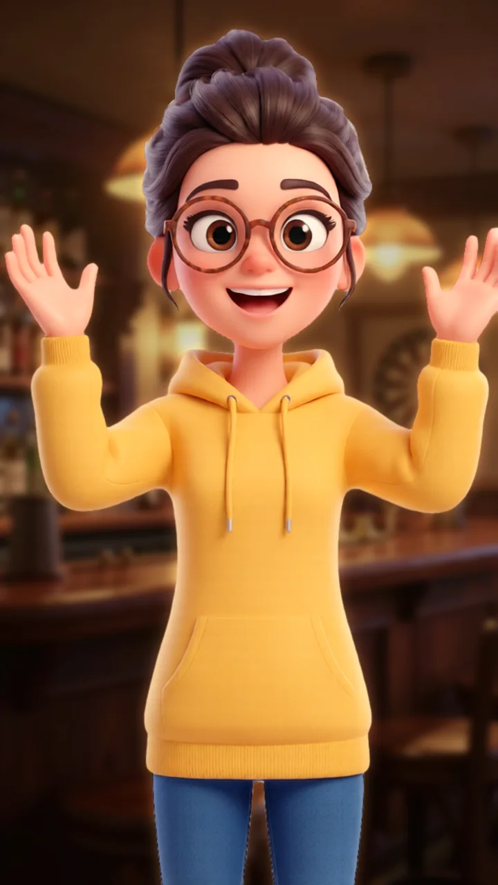 Jade delighted, both hands up