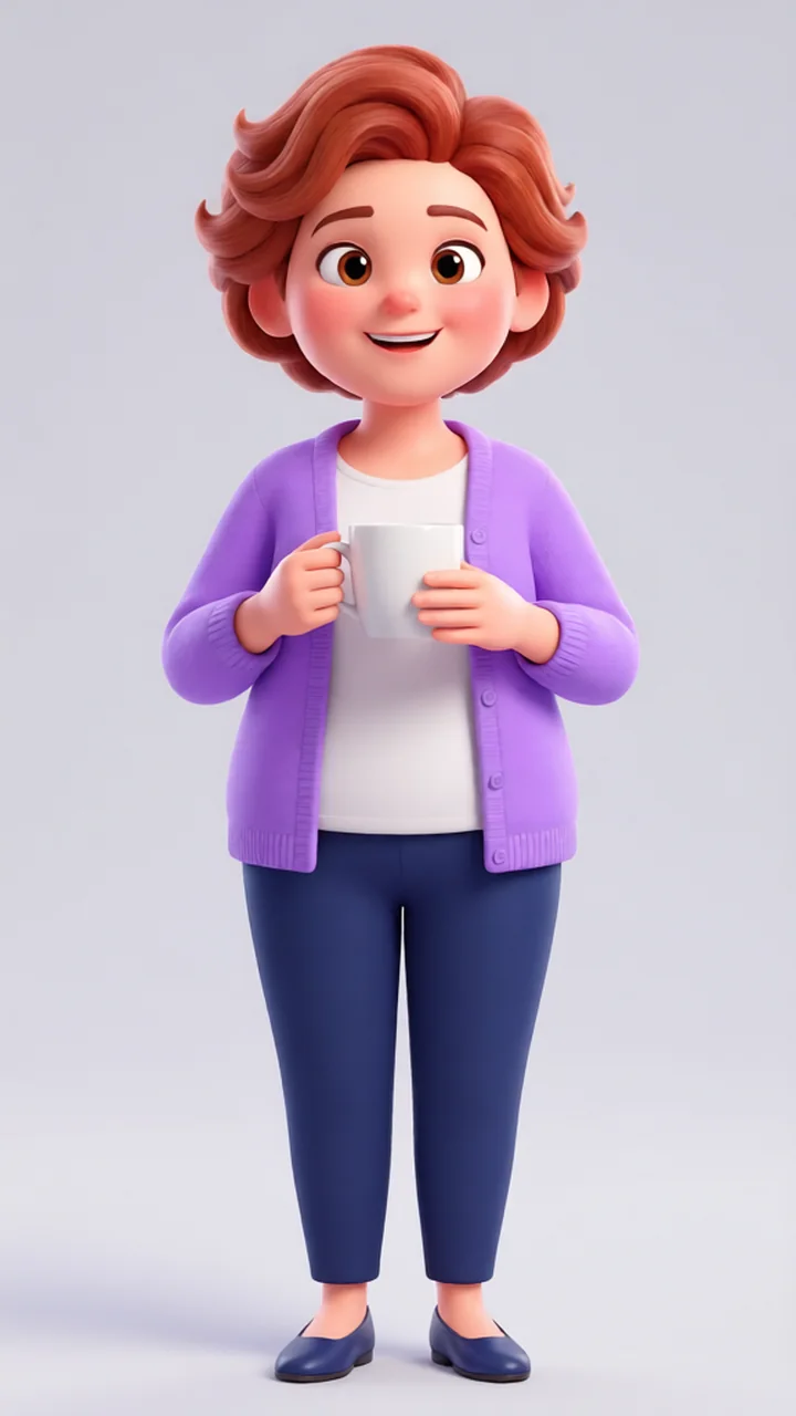 Janice: a cartoon woman with short auburn hair and a lilac cardigan, holding a mug of tea