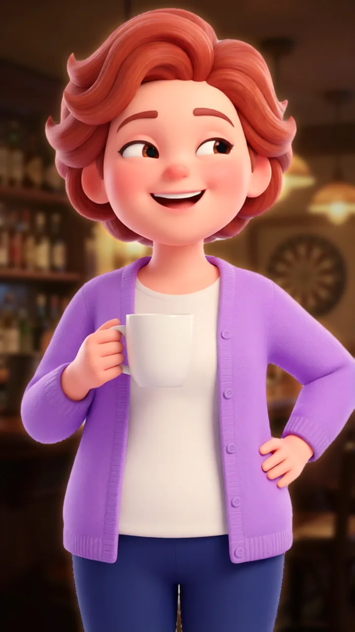 Janice laughing and rolling her eyes, hand on her hip, mug in hand