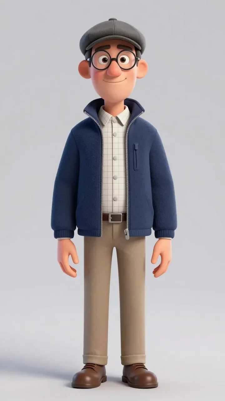 Kev: a tall, thin cartoon man in a flat cap, round glasses and a navy fleece