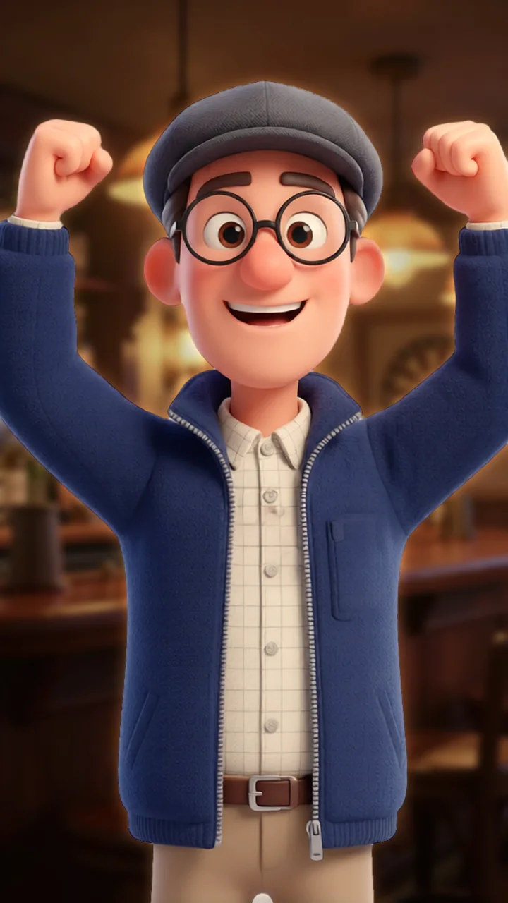 Kev cheering with both fists in the air