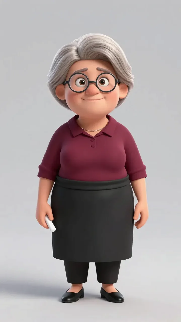 Sandra: a cartoon landlady with a silver bob and glasses, burgundy top and black apron, holding chalk
