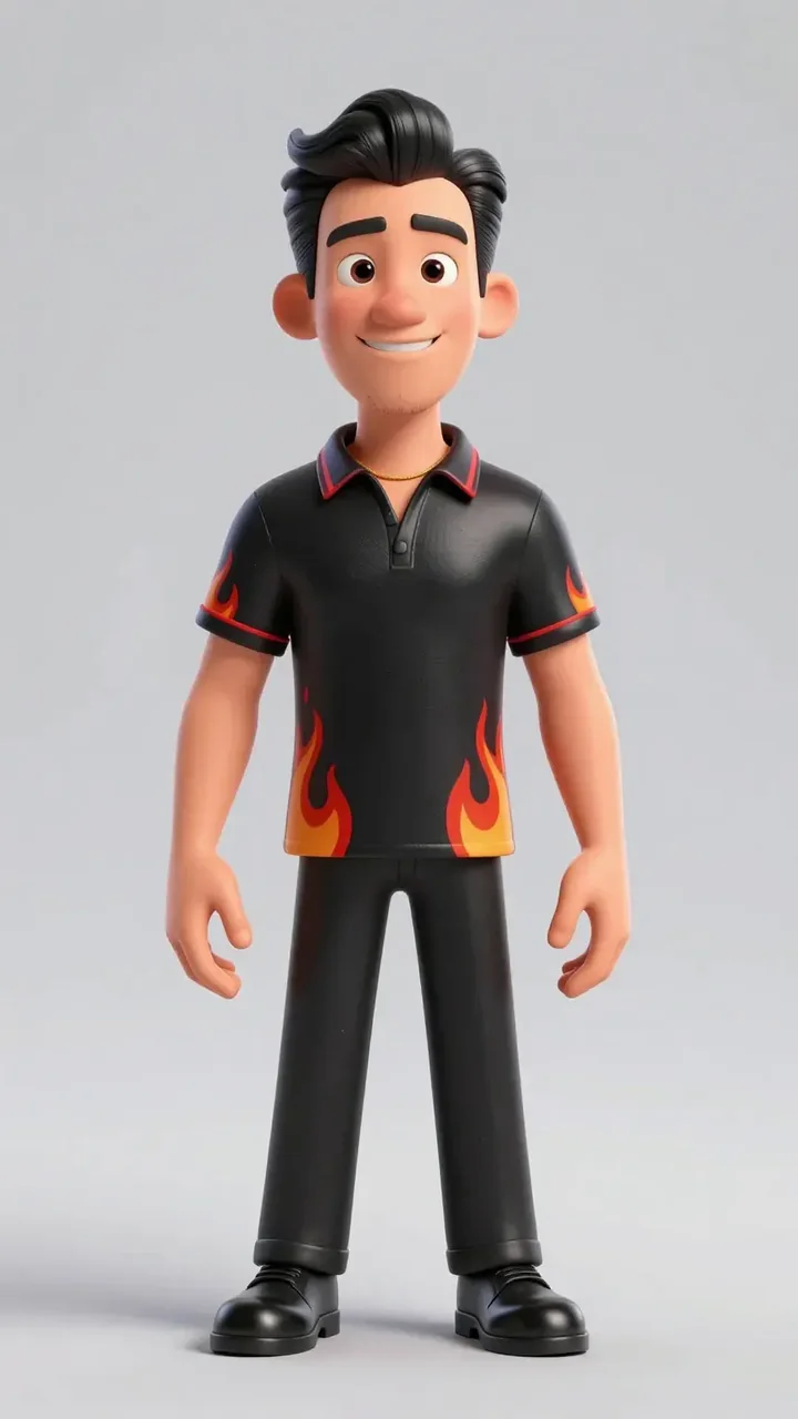 Tony: a slim cartoon man with slicked black hair, a black darts shirt with flames and a gold chain