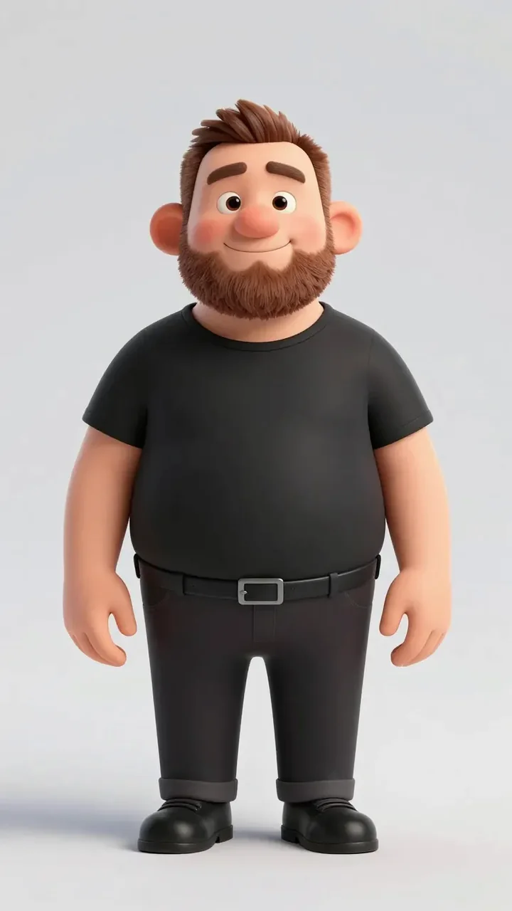 '26' Trev: a heavy-set cartoon man with a short brown beard, black T-shirt and dark trousers