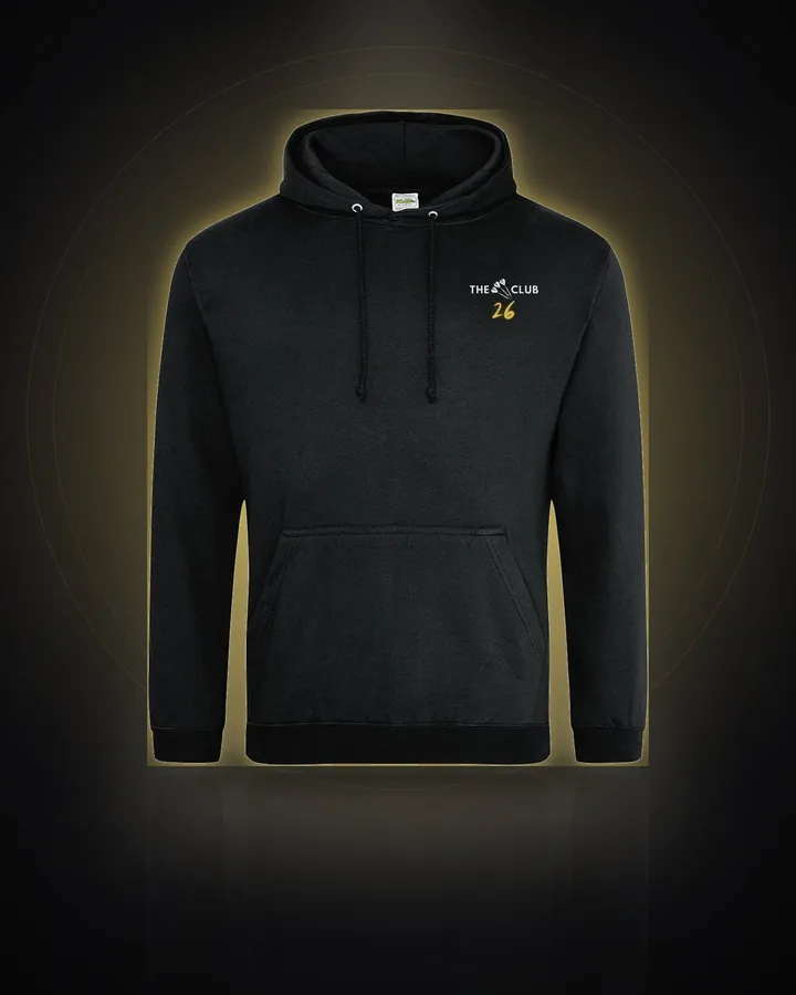 Black hoodie with The 26 Club logo on the left chest