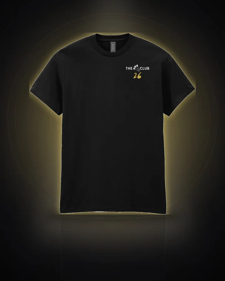 Black T-shirt with The 26 Club logo on the left chest